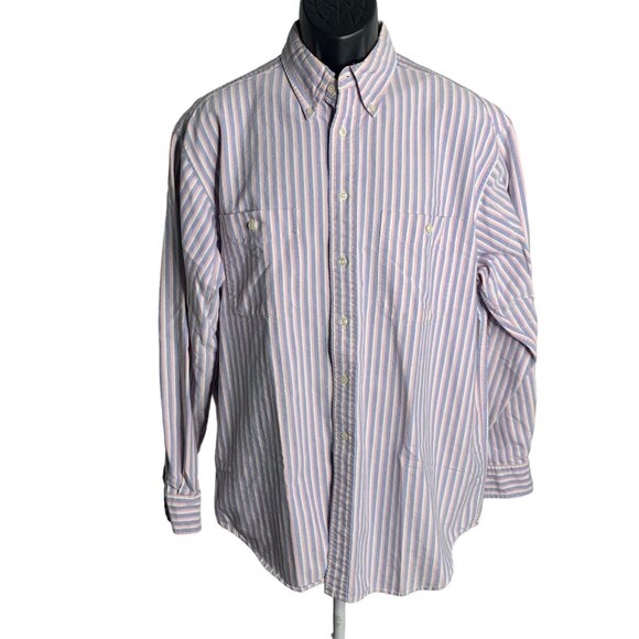 Roundtree & Yorke Button Down Shirt L White Pink Stripes Long Sleeves Pockets - Picture 1 of 6